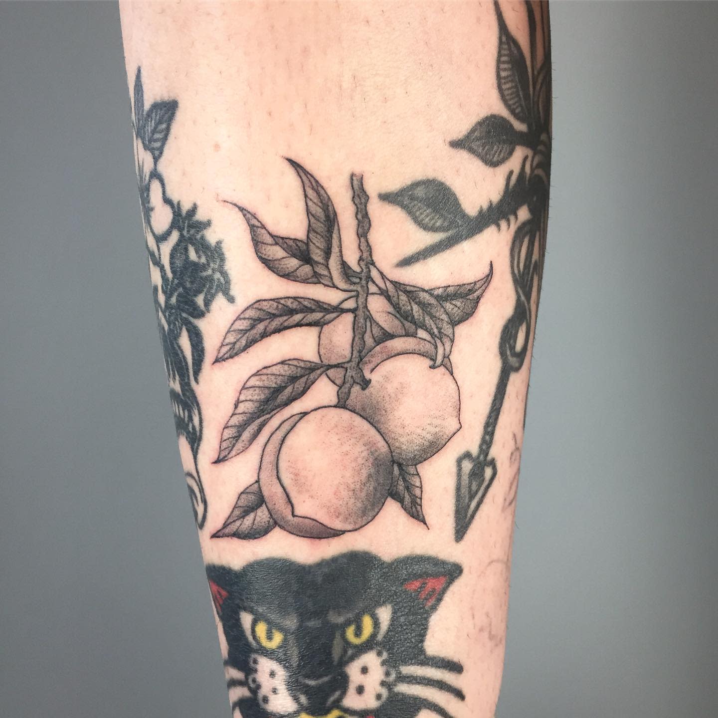 Tattoo of peaches with leaves on an arm, above a black cat's face tattoo